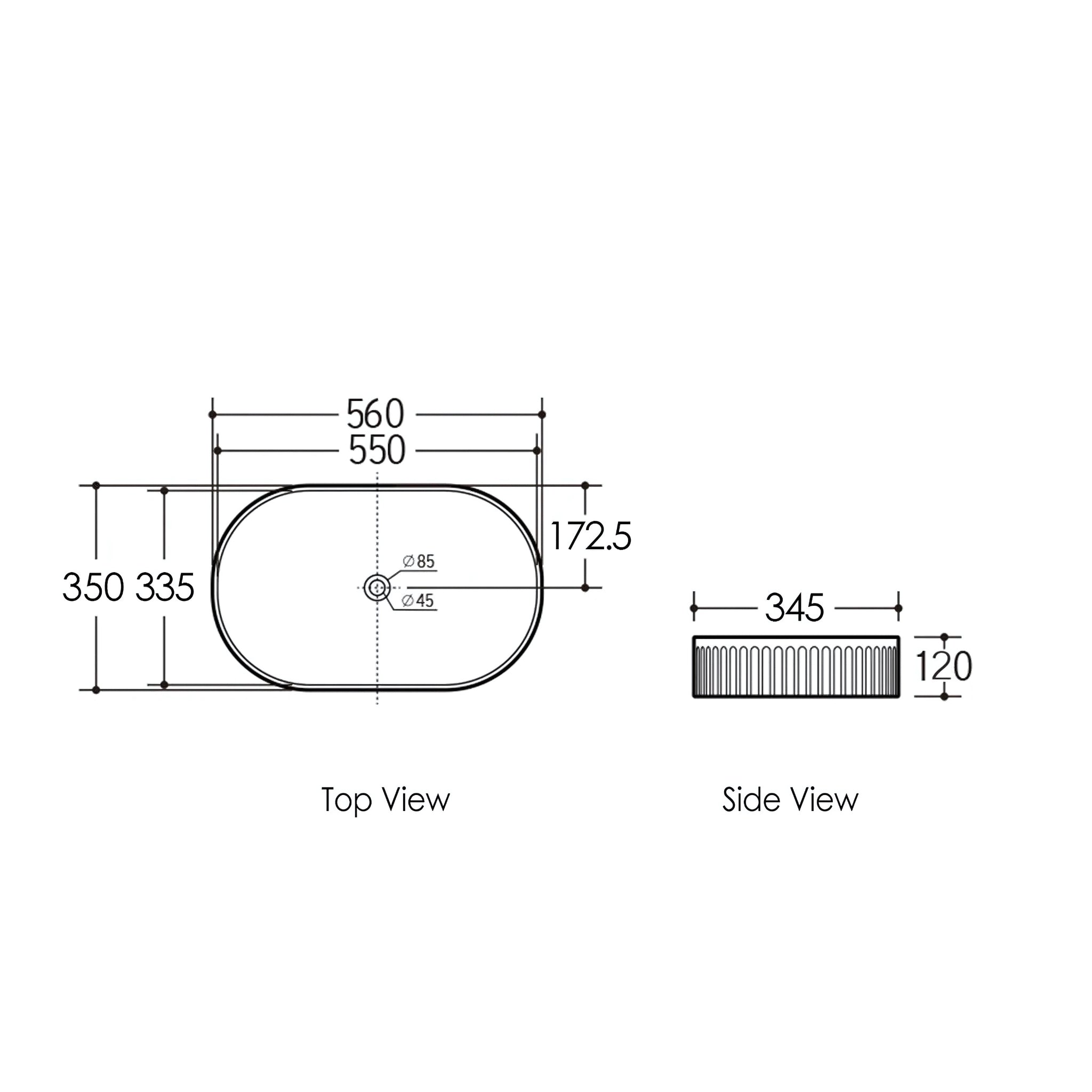 OTTI KENSINGTON FLUTED ABOVE COUNTER BASIN MATTE BLACK AND WHITE 560MM