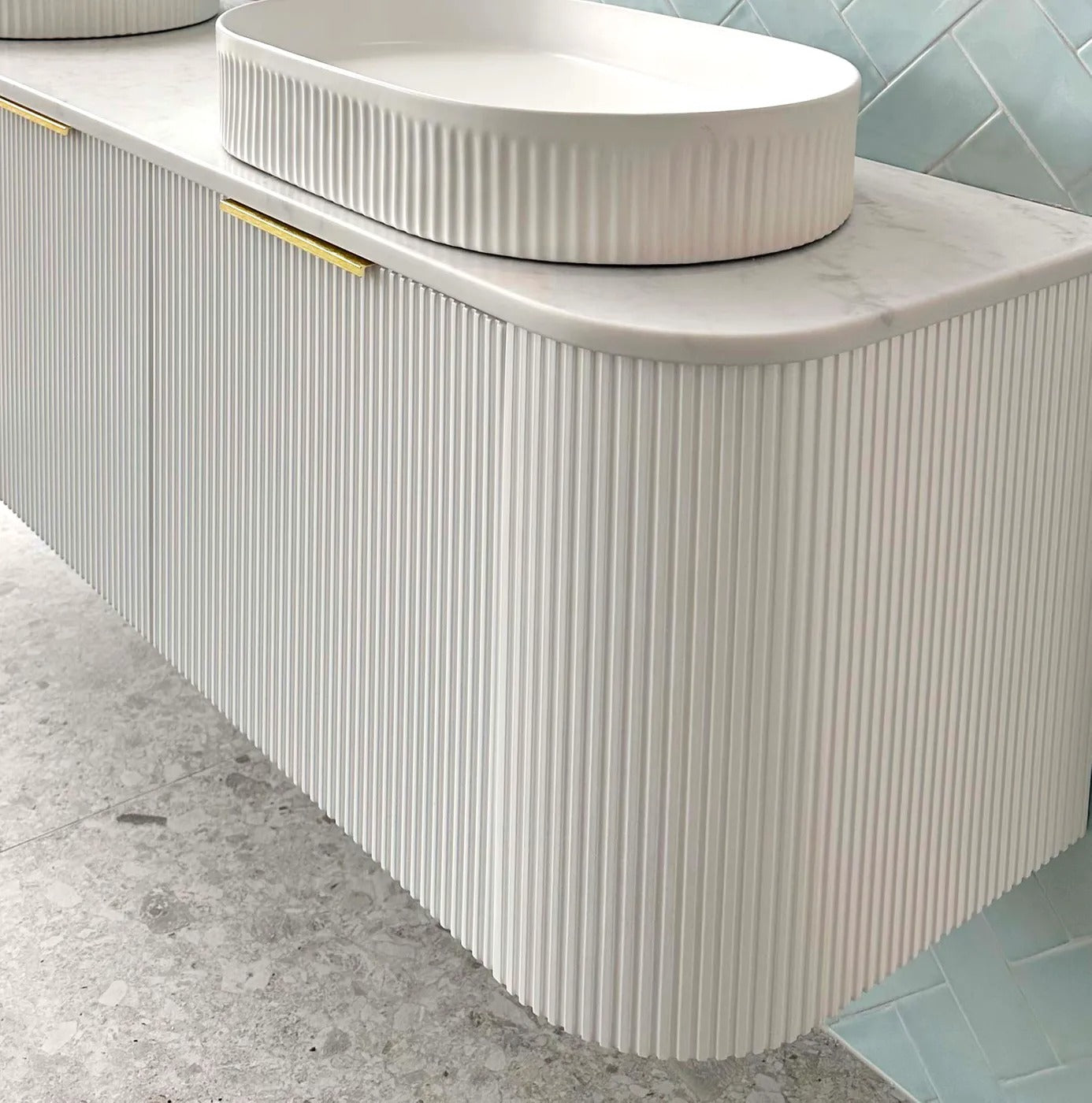 OTTI BONDI MATTE WHITE FLUTED 1500MM CURVE DOUBLE BOWL WALL HUNG VANITY