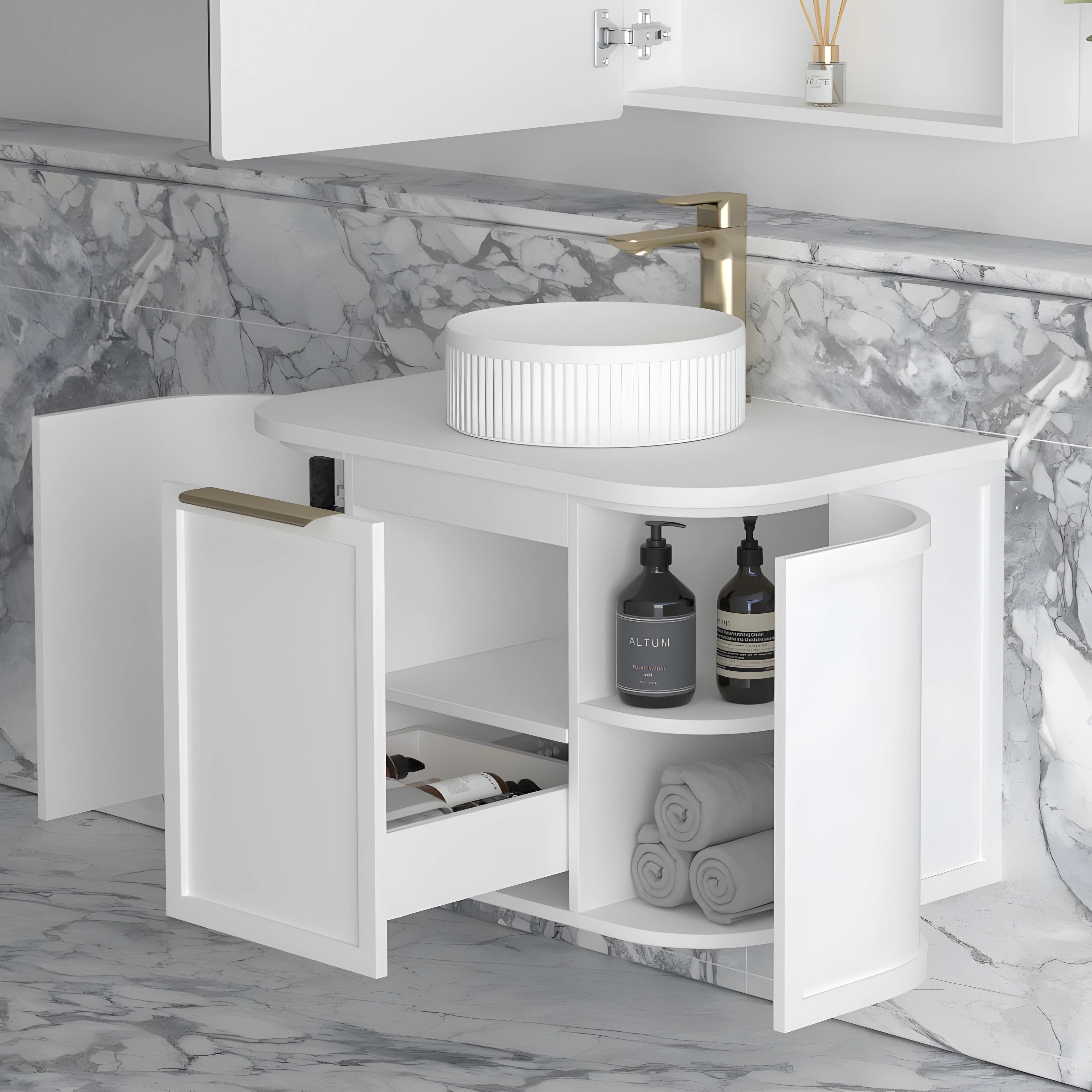 OTTI HAMPSHIRE SATIN WHITE 900MM CURVE SINGLE BOWL WALL HUNG VANITY