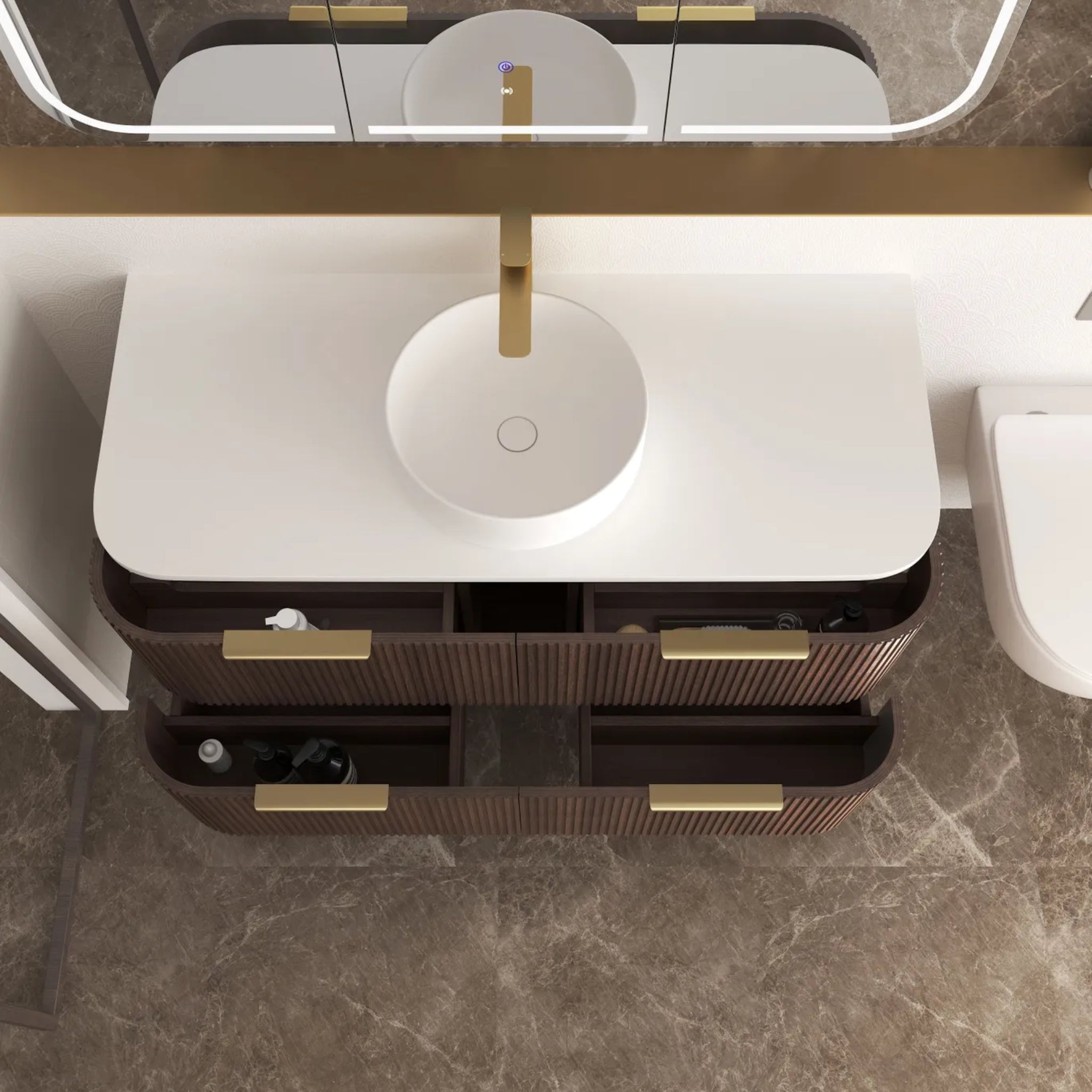 OTTI HAVANA SABLE WALNUT FLUTED 1200MM CURVE SINGLE BOWL WALL HUNG VANITY