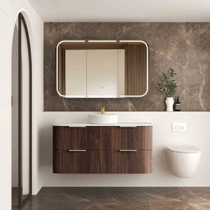 OTTI HAVANA SABLE WALNUT FLUTED 1200MM CURVE SINGLE BOWL WALL HUNG VANITY