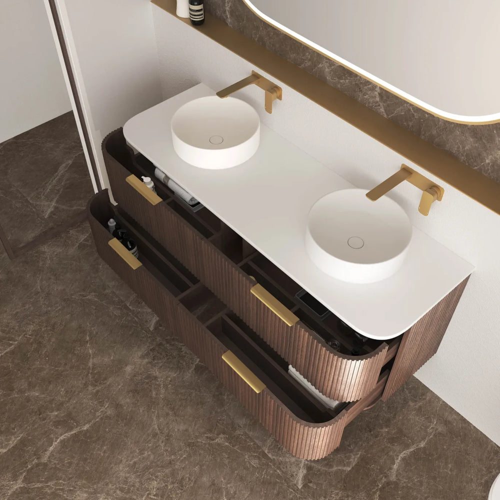 OTTI HAVANA SABLE WALNUT FLUTED 1500MM CURVE DOUBLE BOWL WALL HUNG VANITY
