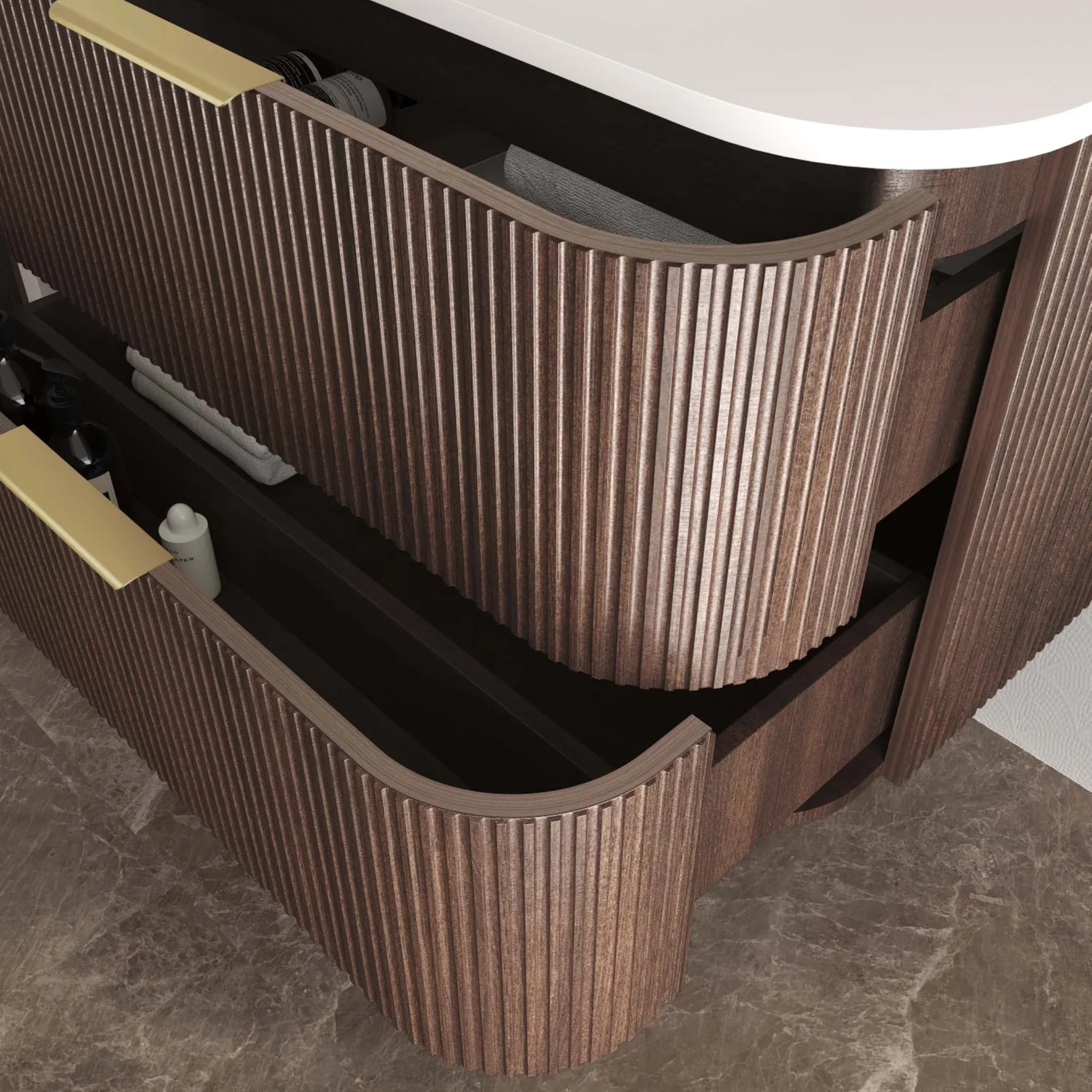 OTTI HAVANA SABLE WALNUT FLUTED 1500MM CURVE DOUBLE BOWL WALL HUNG VANITY