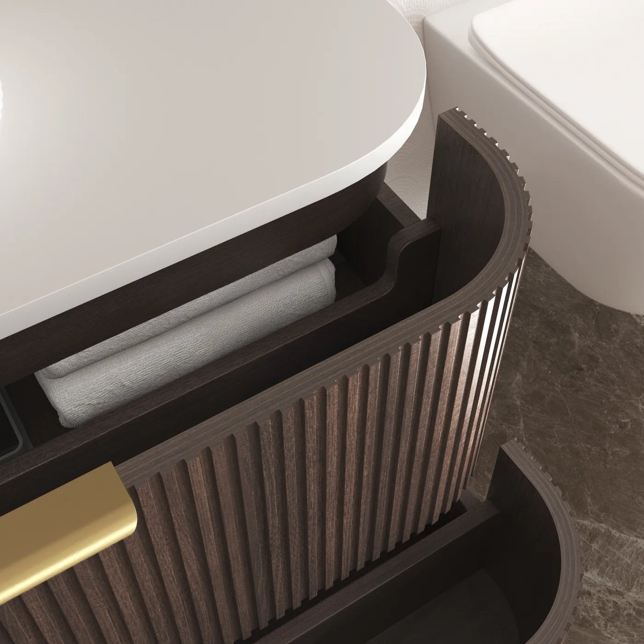 OTTI HAVANA SABLE WALNUT FLUTED 1500MM CURVE DOUBLE BOWL WALL HUNG VANITY