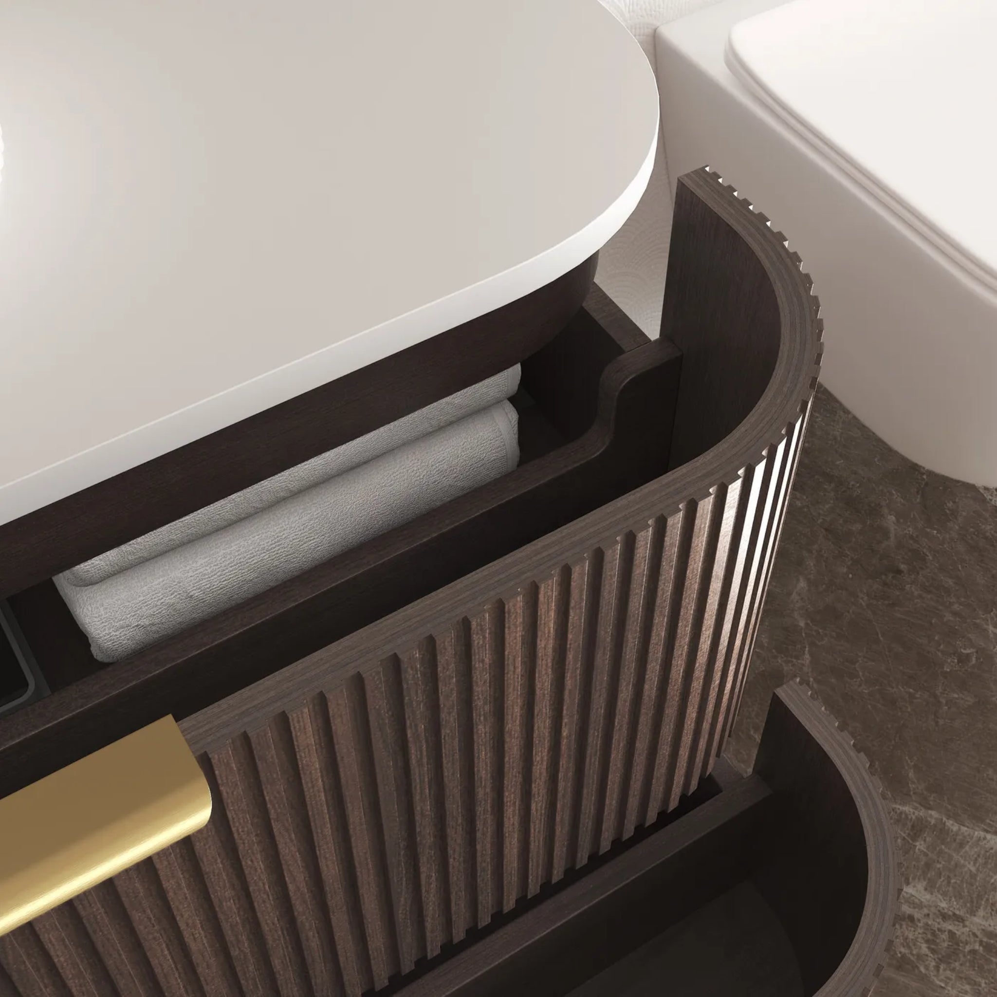 OTTI HAVANA SABLE WALNUT FLUTED 1800MM CURVE DOUBLE BOWL WALL HUNG VANITY