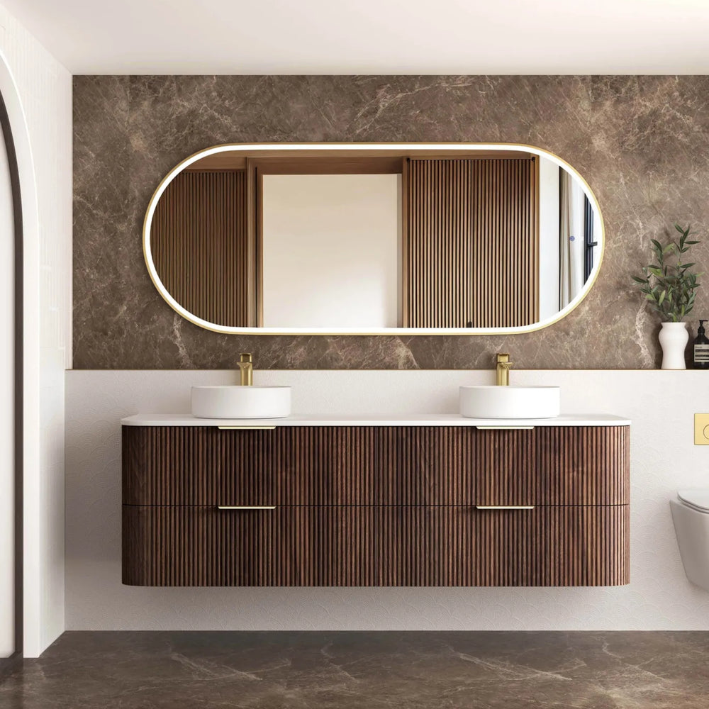 OTTI HAVANA SABLE WALNUT FLUTED 1800MM CURVE DOUBLE BOWL WALL HUNG VANITY