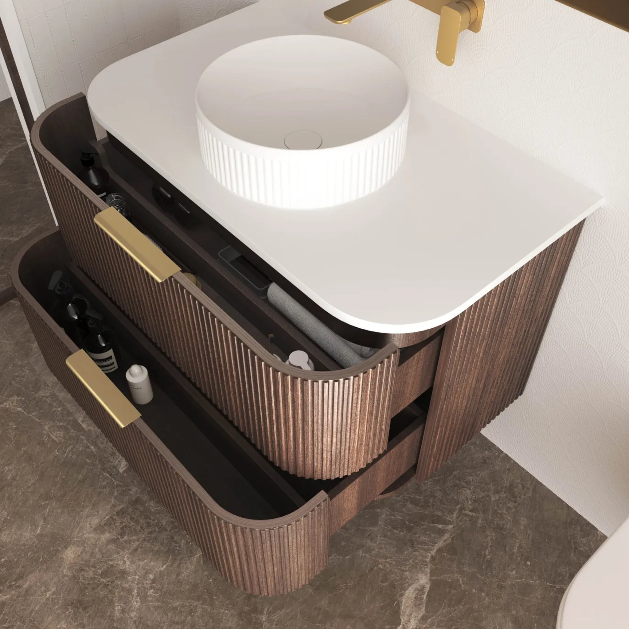 OTTI HAVANA SABLE WALNUT FLUTED 750MM CURVE SINGLE BOWL WALL HUNG VANITY