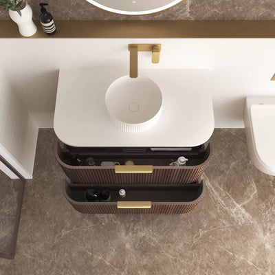 OTTI HAVANA SABLE WALNUT FLUTED 900MM CURVE SINGLE BOWL WALL HUNG VANITY