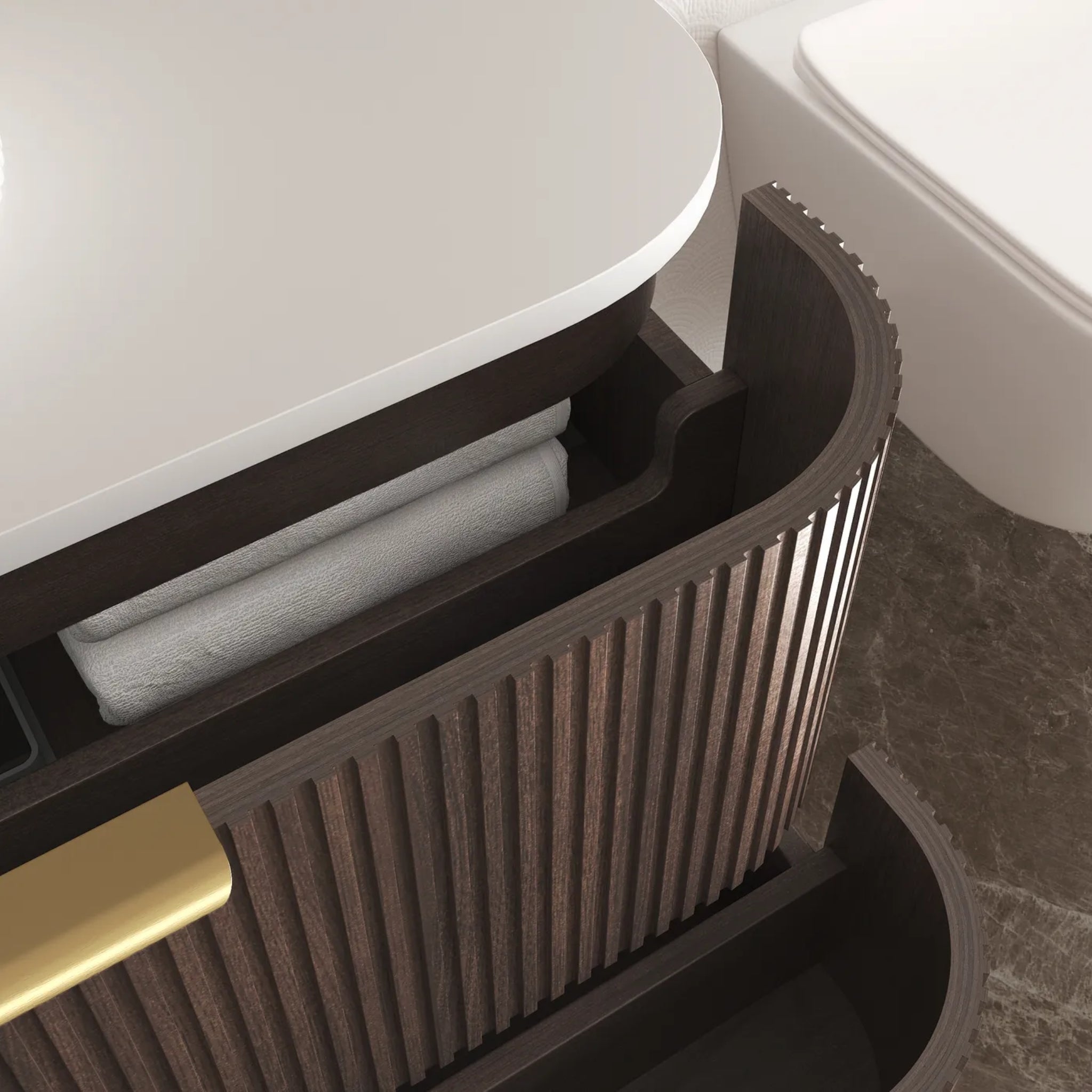 OTTI HAVANA SABLE WALNUT FLUTED 900MM CURVE SINGLE BOWL WALL HUNG VANITY