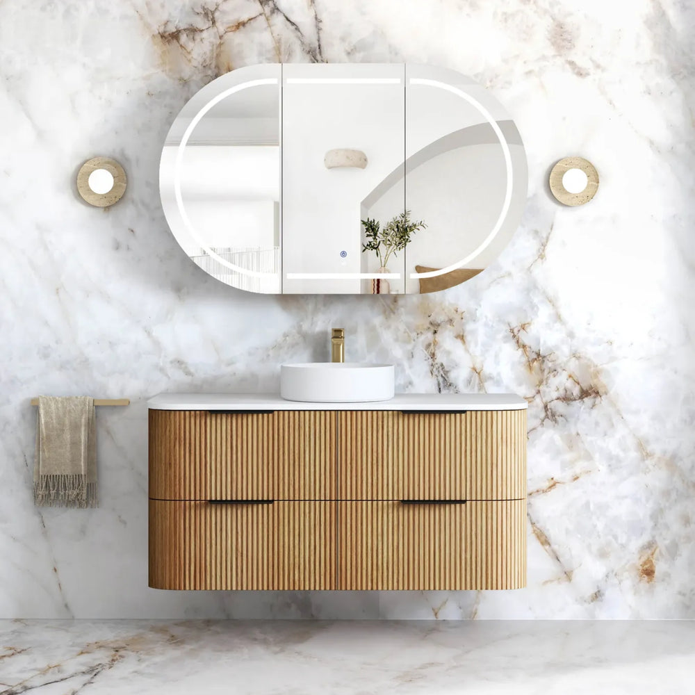 OTTI HAVANA WOODLAND OAK FLUTED 1200MM CURVE SINGLE BOWL WALL HUNG VANITY