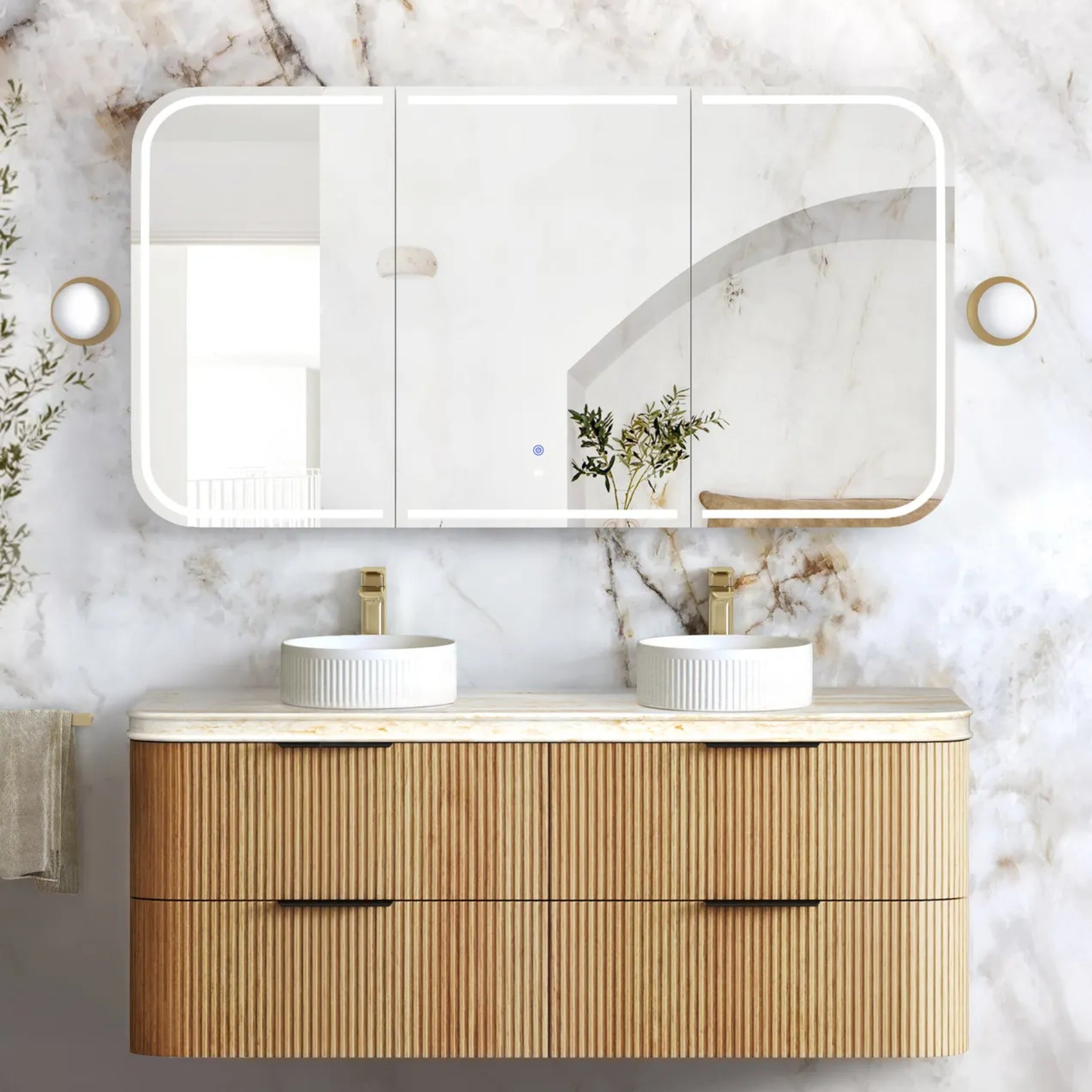 OTTI HAVANA WOODLAND OAK FLUTED 1500MM CURVE DOUBLE BOWL WALL HUNG VANITY