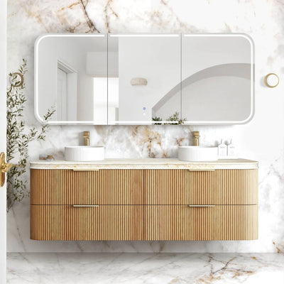 OTTI HAVANA WOODLAND OAK FLUTED 1800MM CURVE DOUBLE BOWL WALL HUNG VANITY