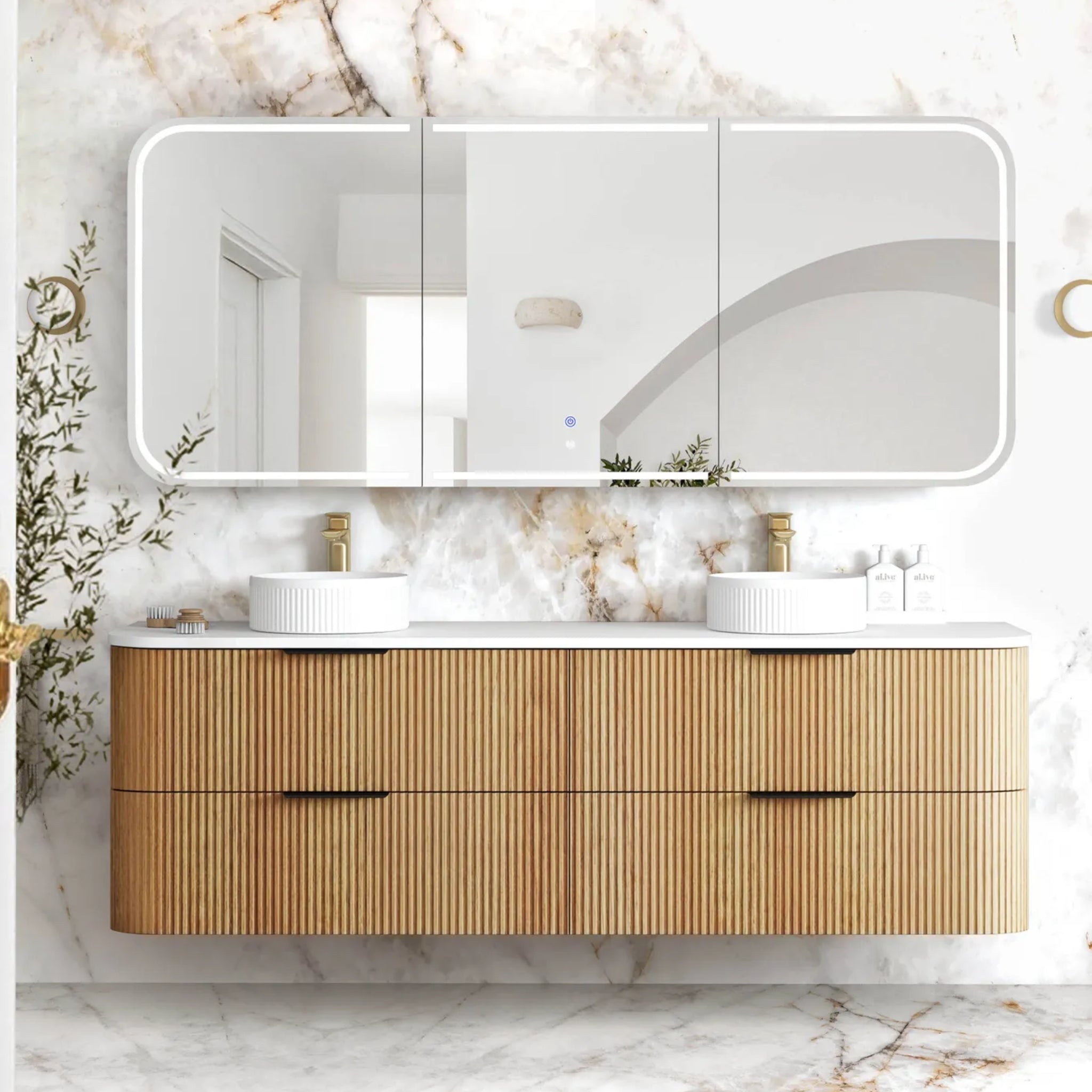 OTTI HAVANA WOODLAND OAK FLUTED 1800MM CURVE DOUBLE BOWL WALL HUNG VANITY