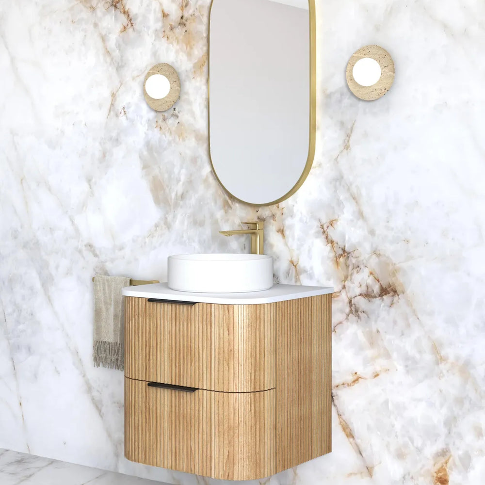 OTTI HAVANA WOODLAND OAK FLUTED 600MM CURVE SINGLE BOWL WALL HUNG VANITY