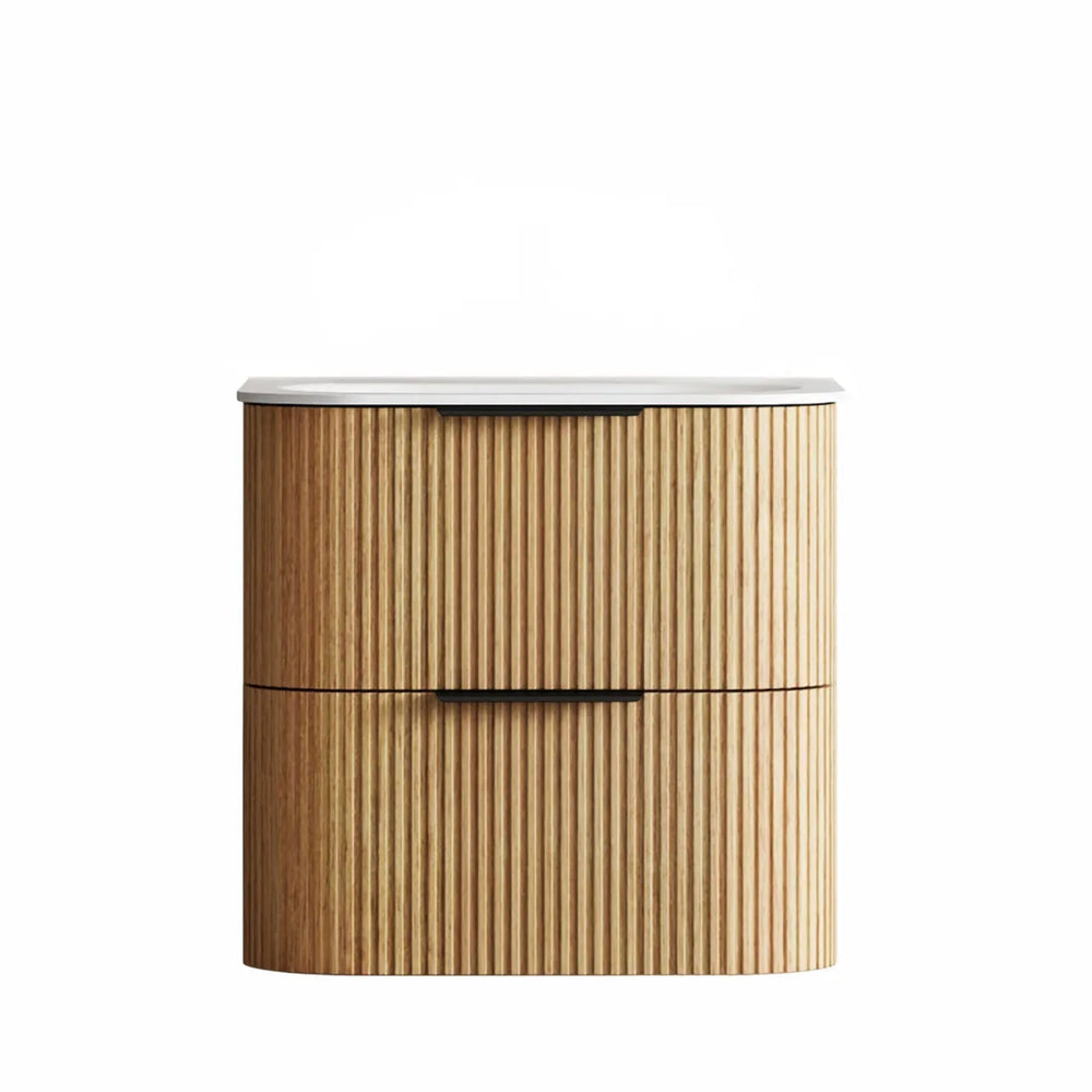 OTTI HAVANA WOODLAND OAK FLUTED 600MM CURVE SINGLE BOWL WALL HUNG VANITY