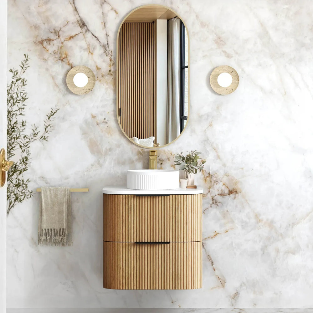 OTTI HAVANA WOODLAND OAK FLUTED 600MM CURVE SINGLE BOWL WALL HUNG VANITY