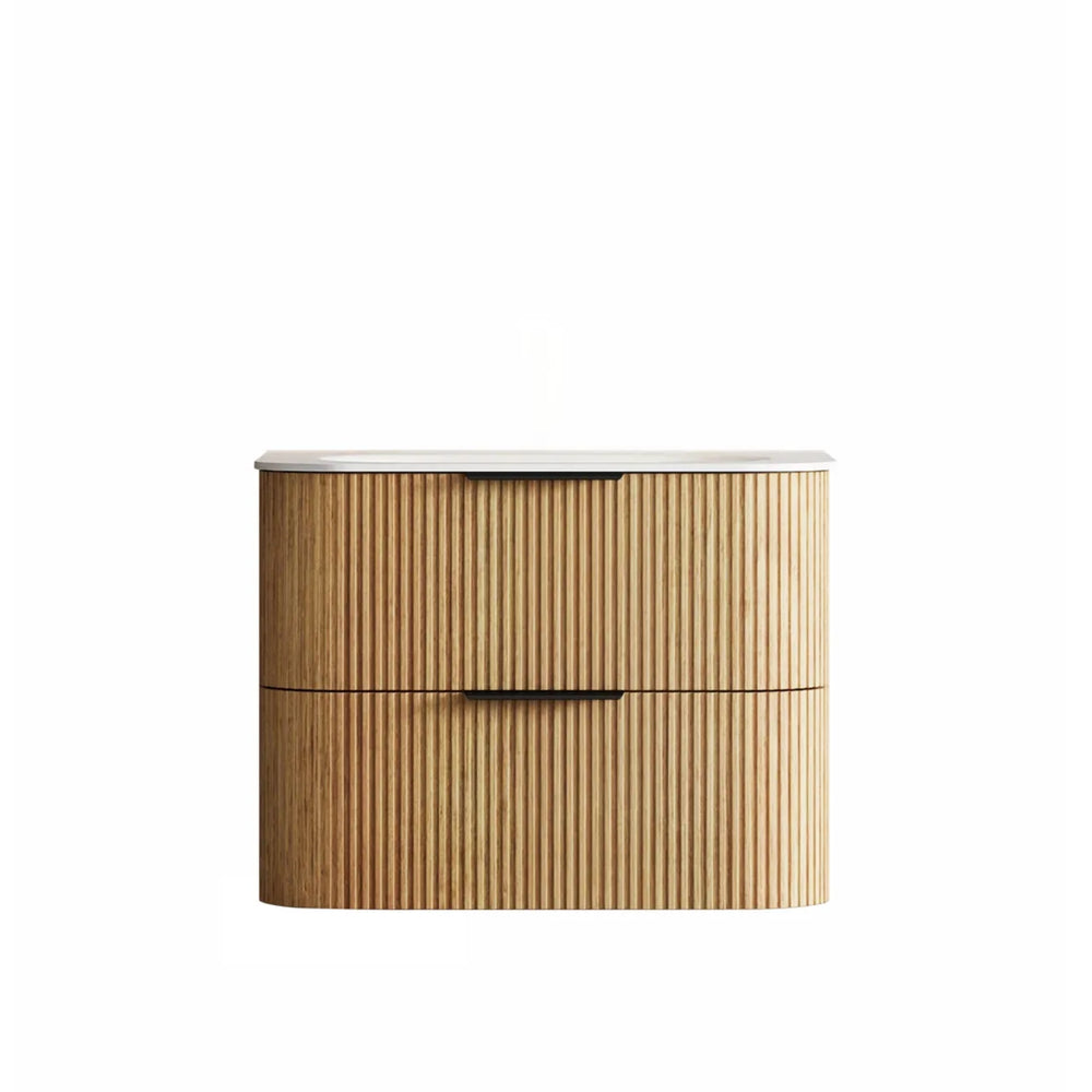 OTTI HAVANA WOODLAND OAK FLUTED 750MM CURVE SINGLE BOWL WALL HUNG VANITY