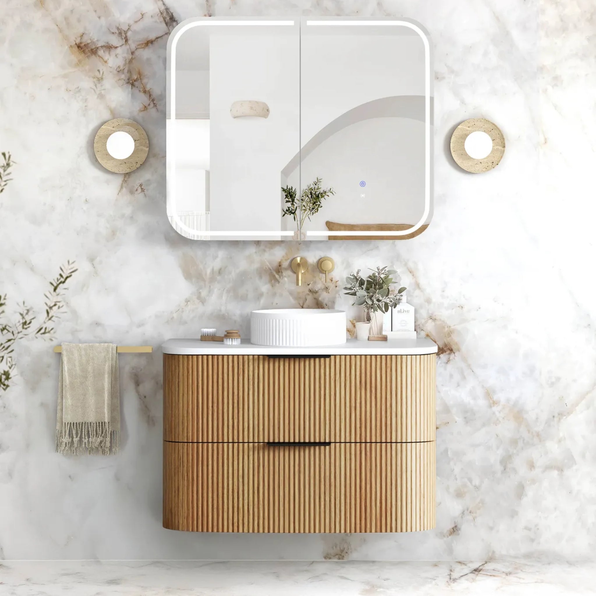 OTTI HAVANA WOODLAND OAK FLUTED 900MM CURVE SINGLE BOWL WALL HUNG VANITY