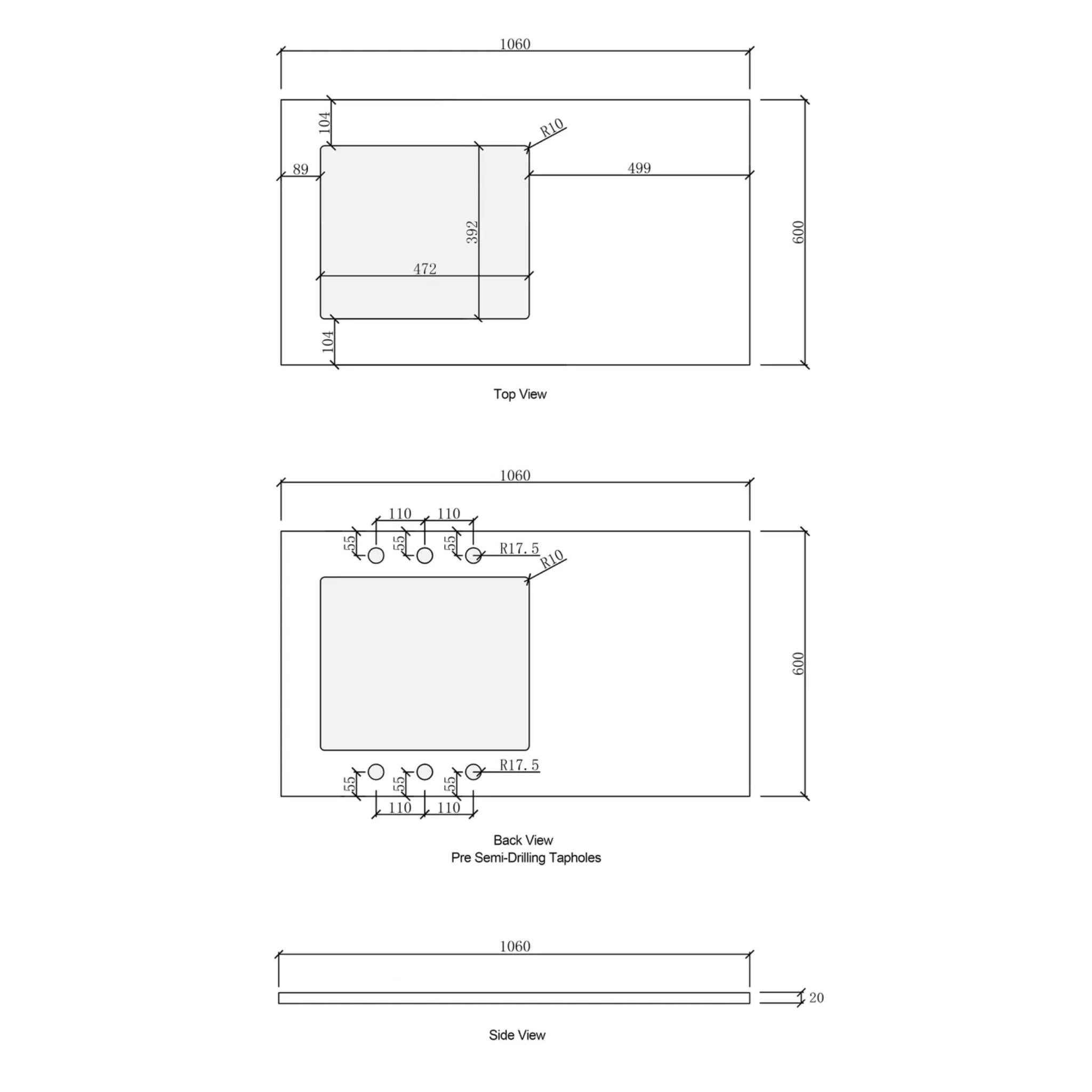 OTTI SOLID SURFACE PURE WHITE 1060MM LAUNDRY STONE TOP