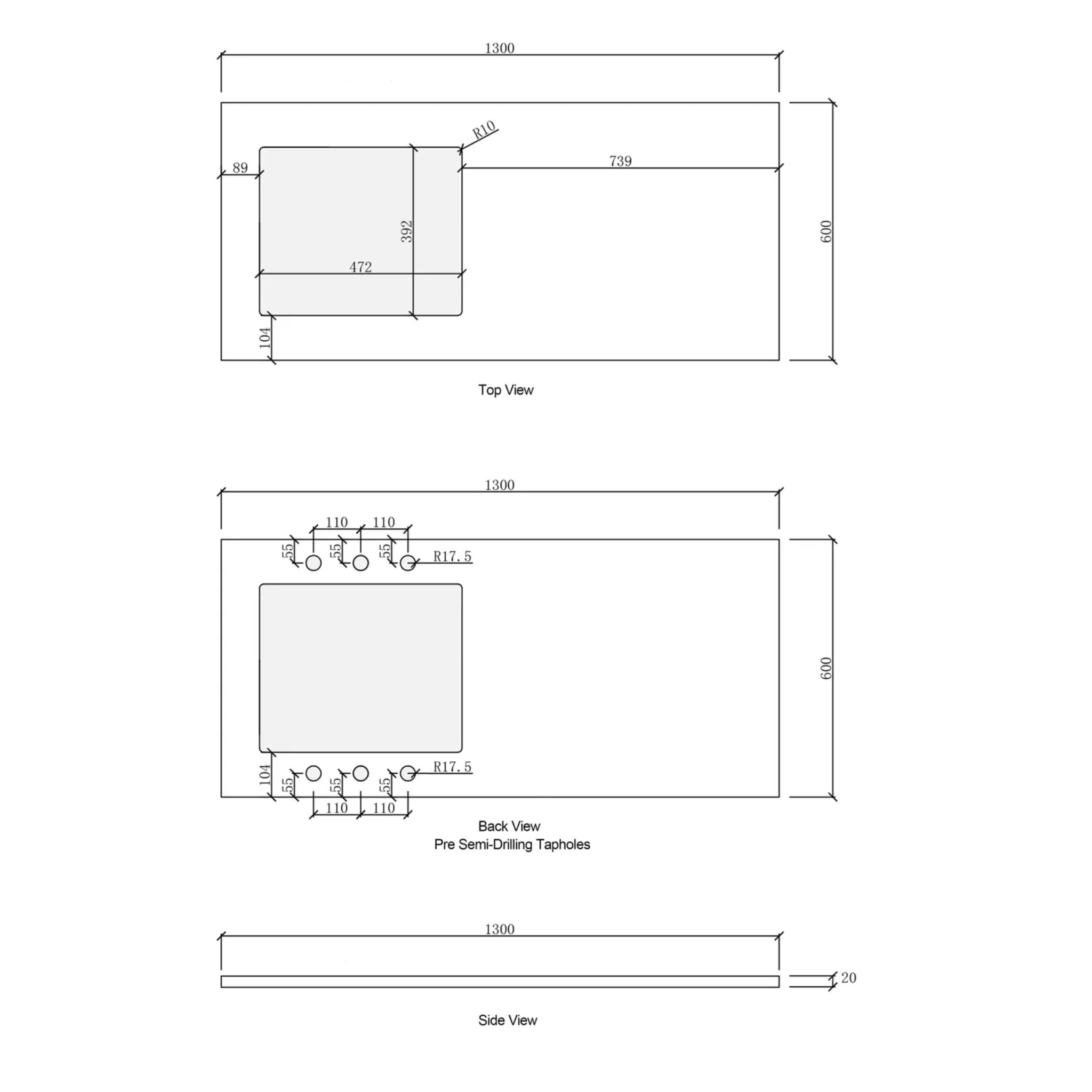OTTI SOLID SURFACE PURE WHITE 1300MM LAUNDRY STONE TOP