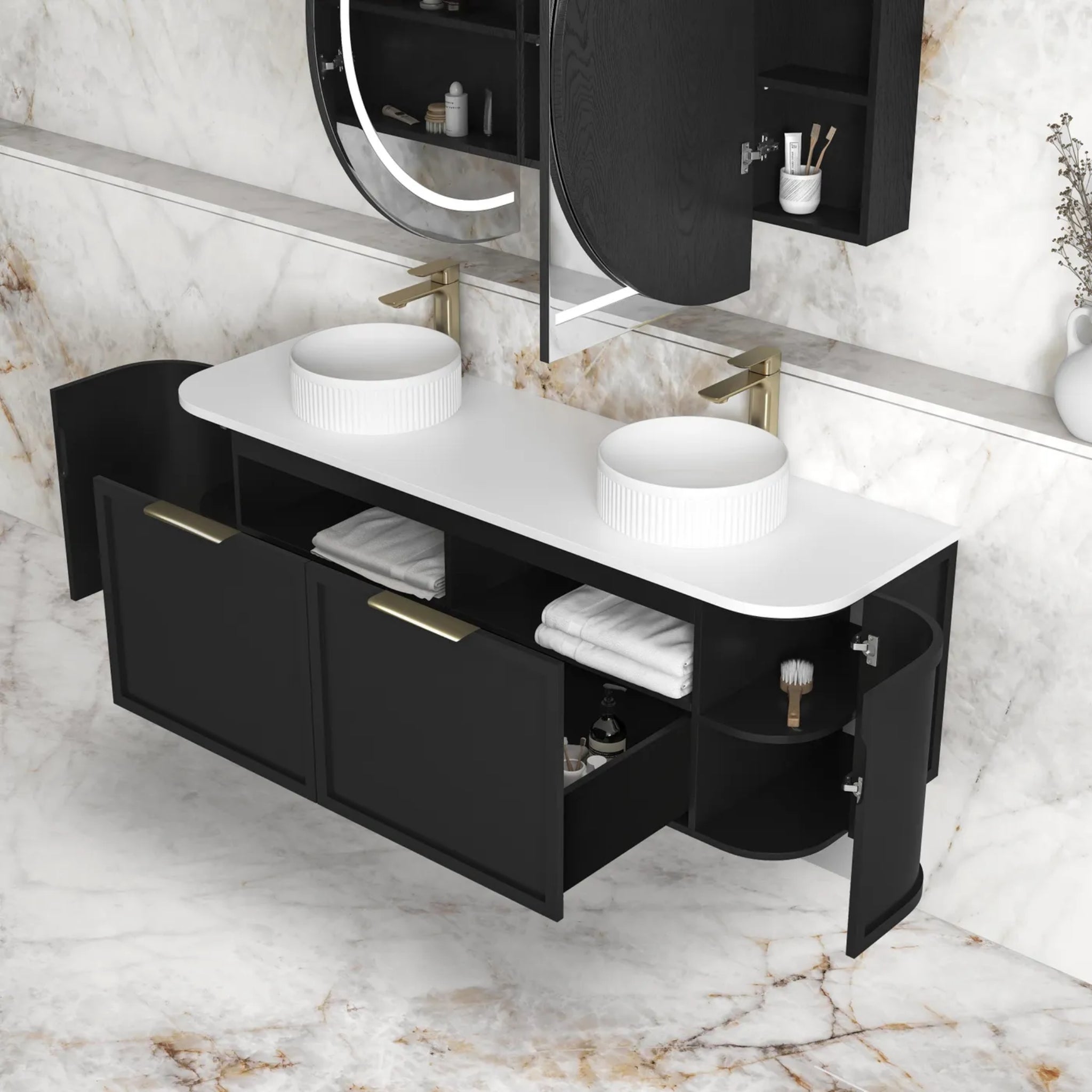 OTTI HAMPSHIRE SATIN BLACK 1500MM CURVE DOUBLE BOWL WALL HUNG VANITY