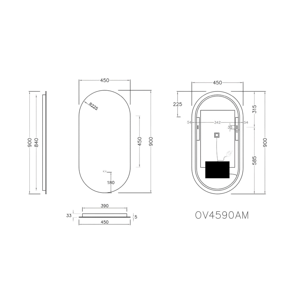 POSEIDON OVAL BACKLIT LED MIRROR 3 COLOUR LIGHTS 450X900MM
