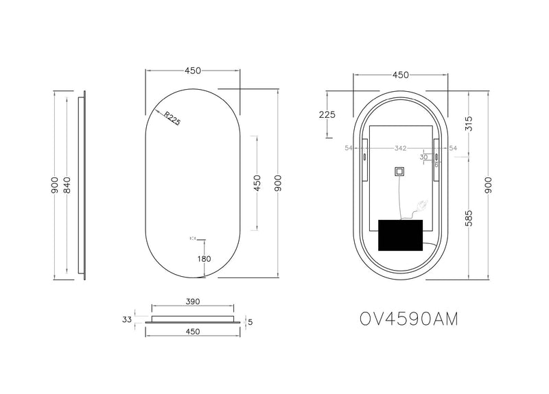 POSEIDON OVAL BACKLIT LED MIRROR 3 COLOUR LIGHTS 450X900MM