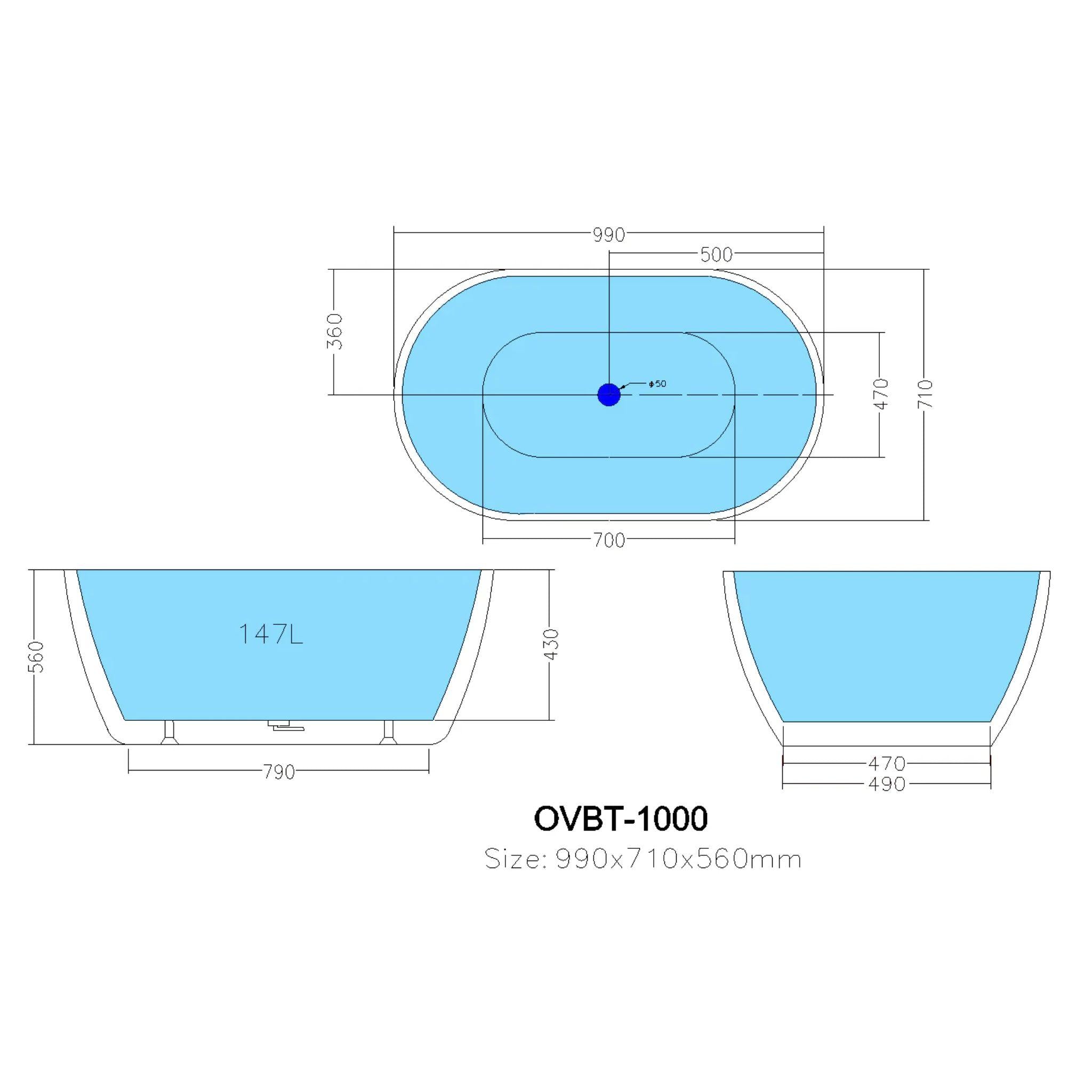 POSEIDON OLIVIA FREE STANDING BATHTUB GLOSS WHITE (AVAILABLE IN 1000MM, 1300MM, 1400MM, 1530MM AND 1690MM)