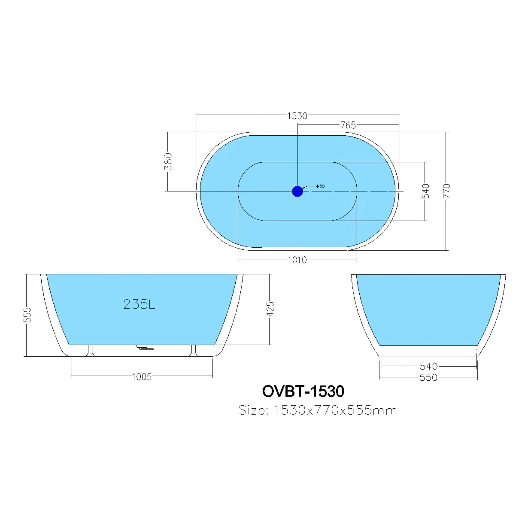 POSEIDON OLIVIA FREE STANDING BATHTUB GLOSS WHITE (AVAILABLE IN 1000MM, 1300MM, 1400MM, 1530MM AND 1690MM)