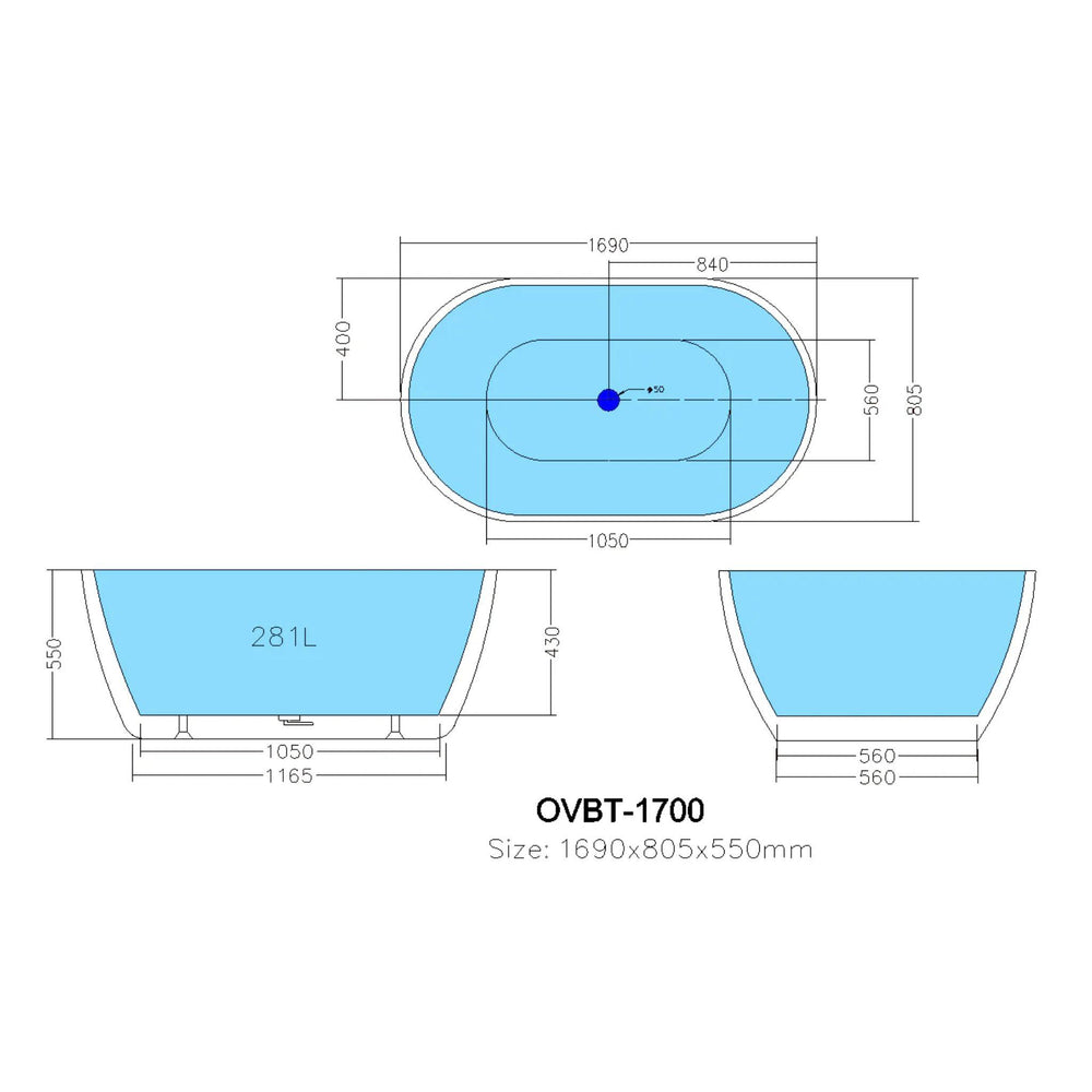POSEIDON OLIVIA FREE STANDING BATHTUB MATTE WHITE (AVAILABLE IN 1400MM AND 1700MM)