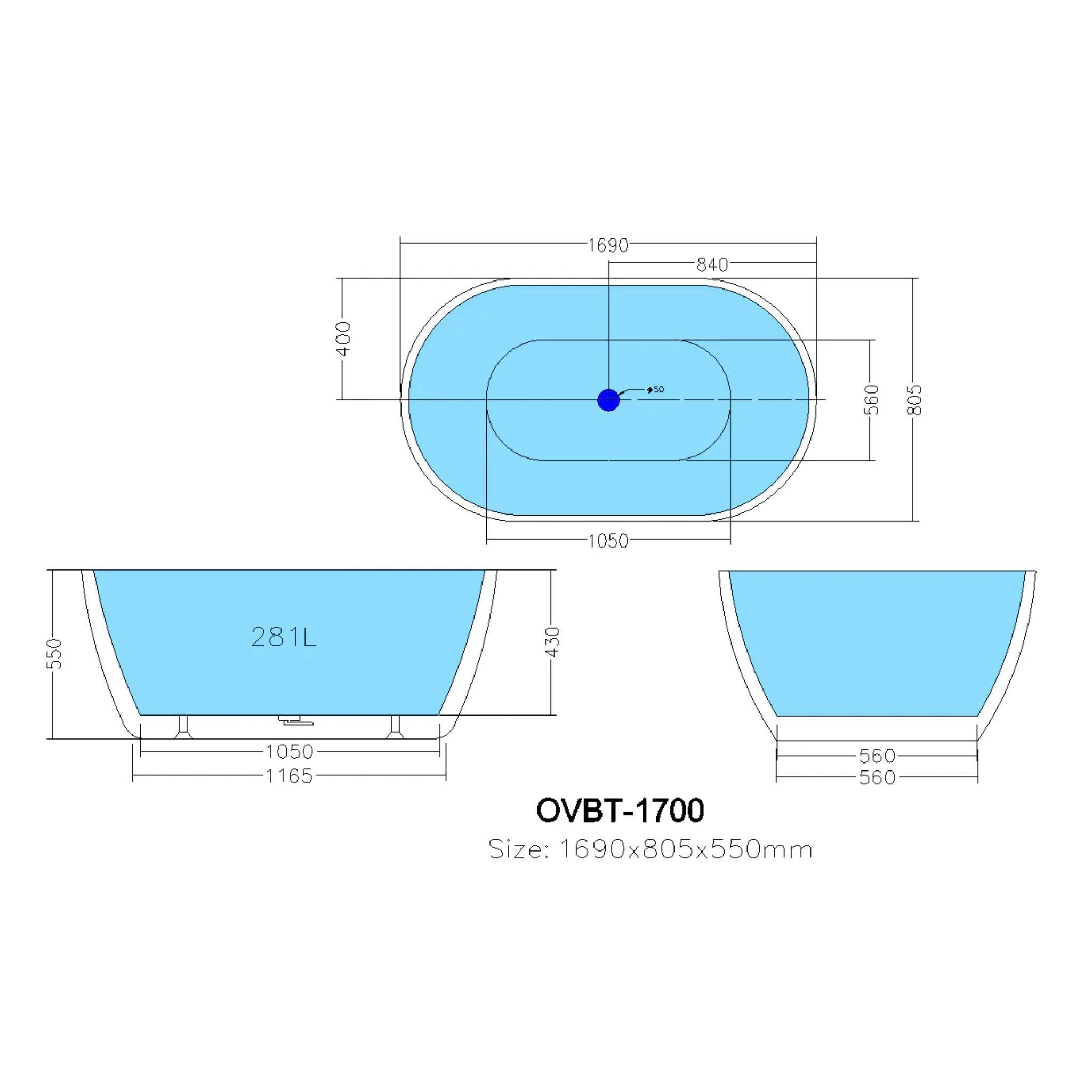 POSEIDON OLIVIA FREE STANDING BATHTUB MATTE WHITE (AVAILABLE IN 1400MM, 1530MM AND 1700MM)