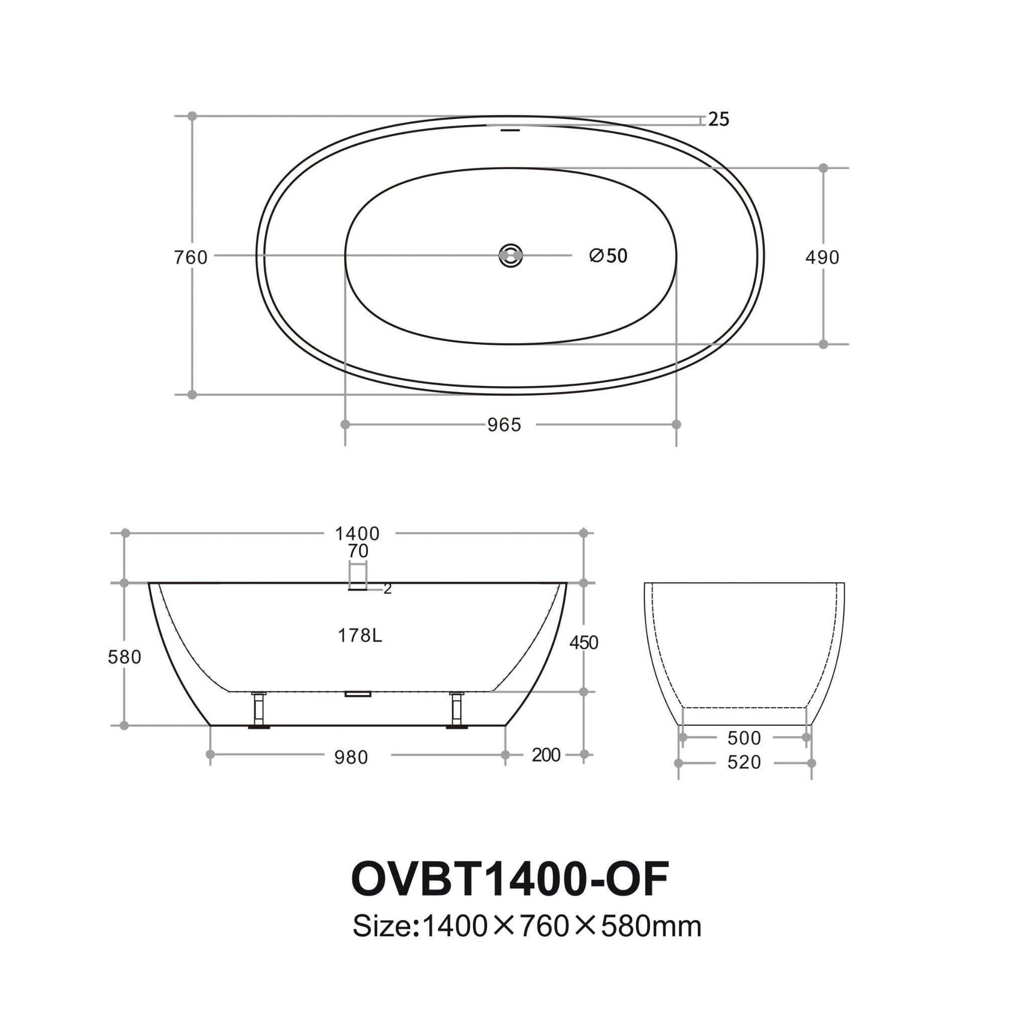 VITO OVY FREESTANDING BATHTUB WITH OVERFLOW GLOSS WHITE (AVAILABLE IN 1400MM, 1500MM, AND 1700MM)