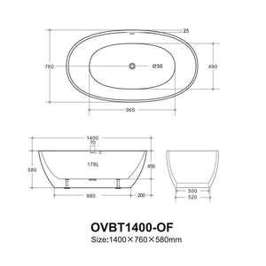 VITO OVY FREESTANDING BATHTUB WITH OVERFLOW GLOSS WHITE (AVAILABLE IN 1400MM, 1500MM, AND 1700MM)