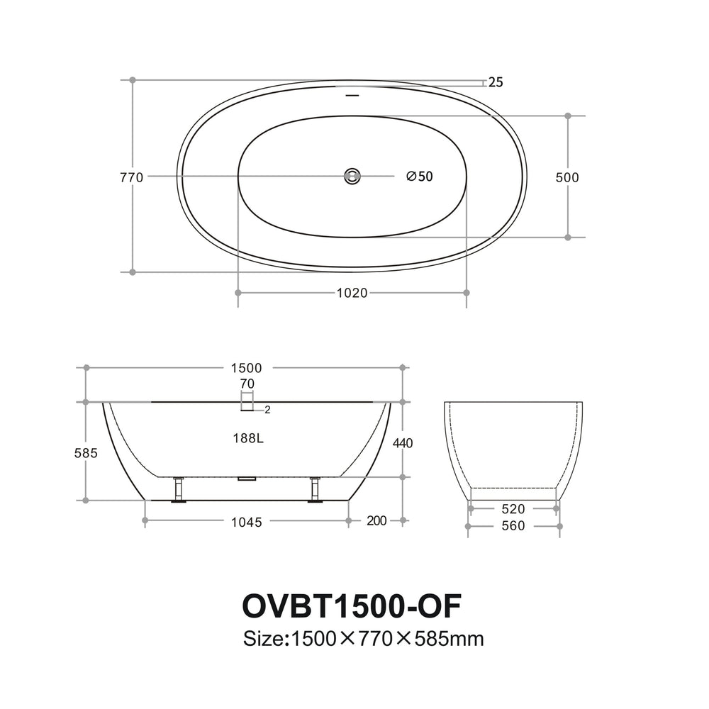 VITO OVY FREESTANDING BATHTUB WITH OVERFLOW GLOSS WHITE (AVAILABLE IN 1400MM, 1500MM, AND 1700MM)