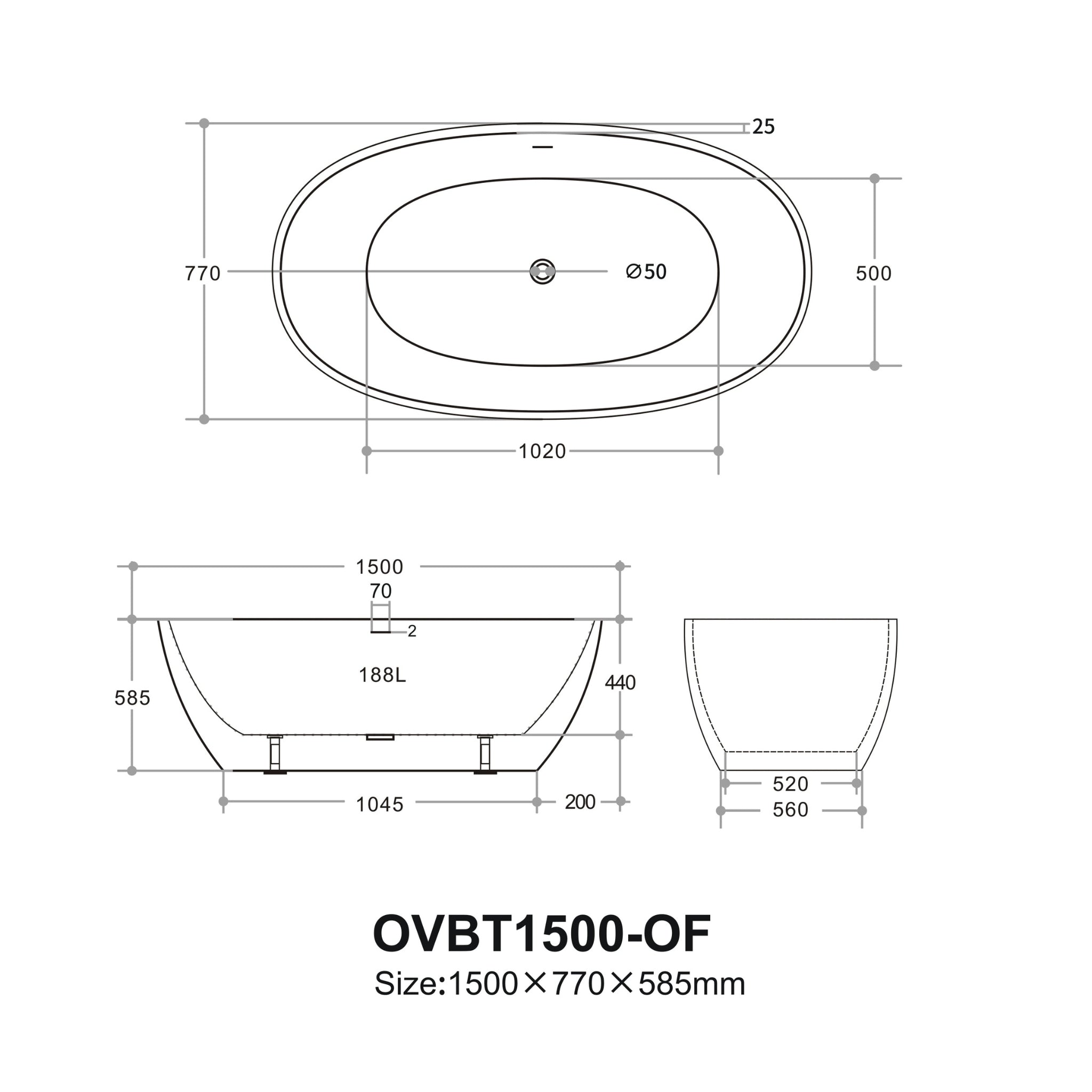 VITO OVY FREESTANDING BATHTUB WITH OVERFLOW GLOSS WHITE (AVAILABLE IN 1400MM, 1500MM, AND 1700MM)