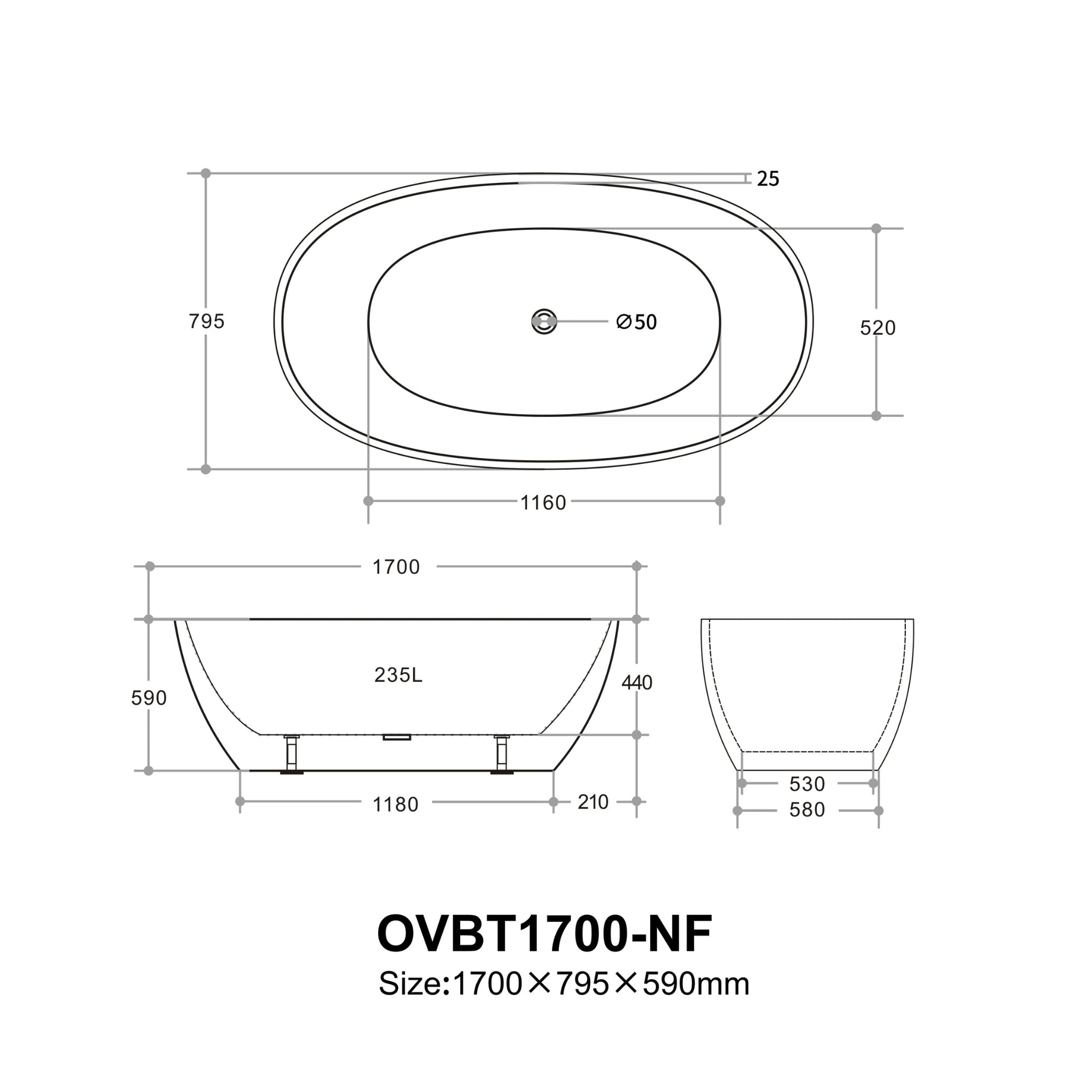 VITO OVY FREESTANDING BATHTUB GLOSS WHITE (AVAILABLE IN 1400MM, 1500MM, AND 1700MM)