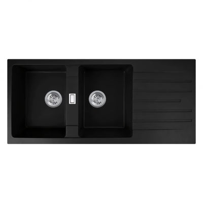 NORICO QUARTZ DOUBLE BOWL DRAINBOARD GRANITE KITCHEN SINK BLACK 1160MM