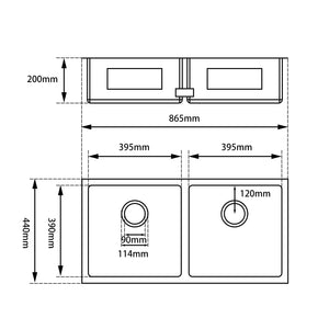 AQUAPERLA STAINLESS STEEL DOUBLE BOWL KITCHEN BOWL GUN METAL GREY 860MM
