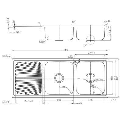 IKON OTUS DOUBLE BOWL SINGLE DRAINER RHB SINK STAINLESS STEEL 1180MM