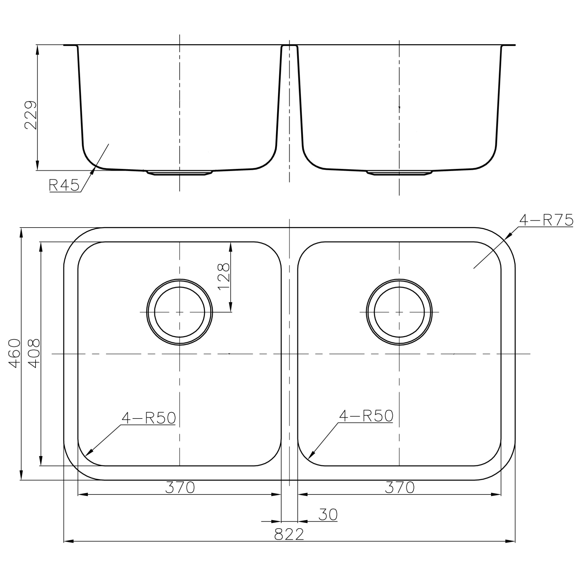 IKON OTUS DOUBLE BOWL UNDERMOUNT SINK STAINLESS STEEL 822MM