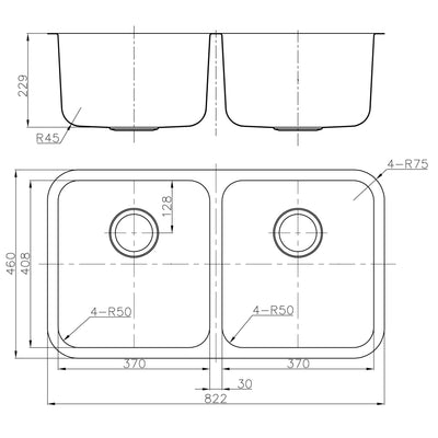 IKON OTUS DOUBLE BOWL UNDERMOUNT SINK STAINLESS STEEL 822MM
