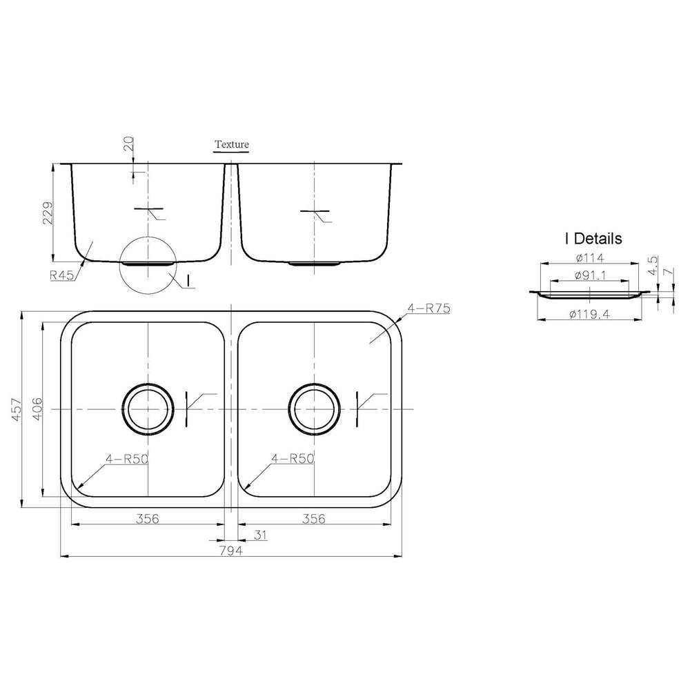 IKON OTUS DOUBLE BOWL UNDERMOUNT SINK STAINLESS STEEL 794MM