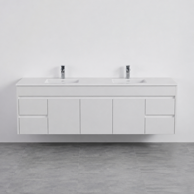 POSEIDON POLAR GLOSS WHITE 1800MM DOUBLE BOWL WALL HUNG VANITY