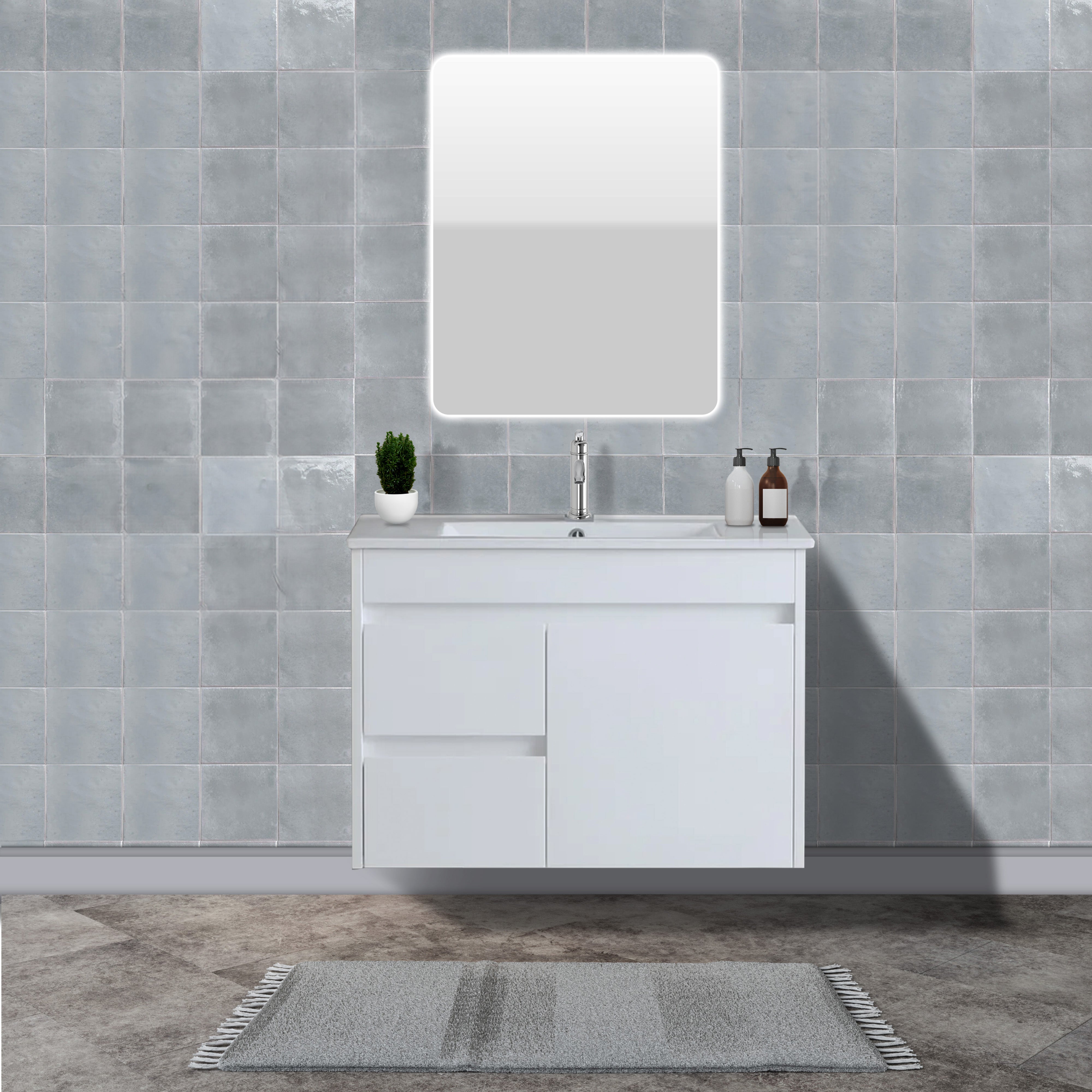 POSEIDON WHITE 750MM SPACE SAVING SINGLE BOWL WALL HUNG VANITY AVAILABLE IN LEFT HAND AND RIGHT HAND DRAWER