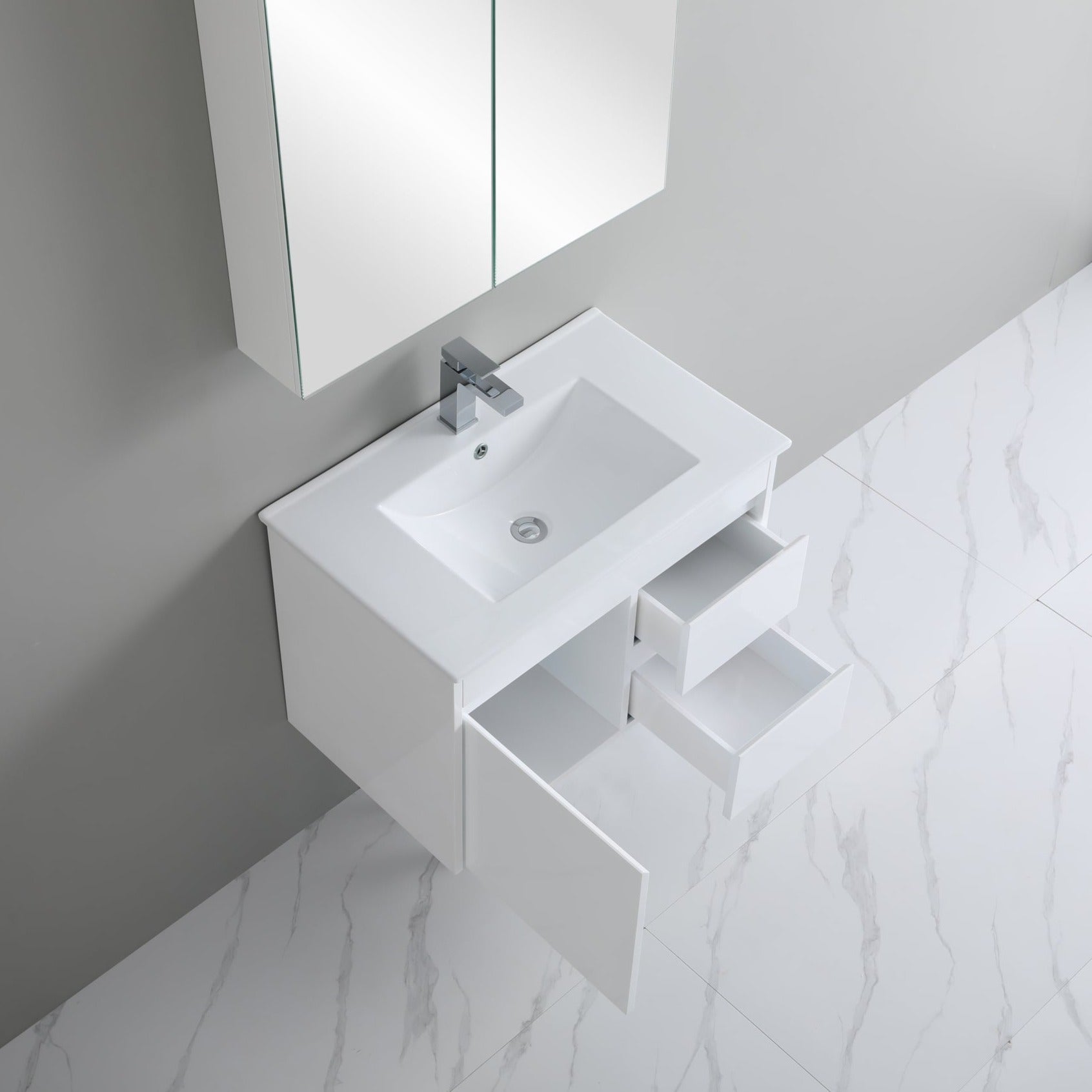 POSEIDON WHITE 750MM SPACE SAVING SINGLE BOWL WALL HUNG VANITY AVAILABLE IN LEFT HAND AND RIGHT HAND DRAWER