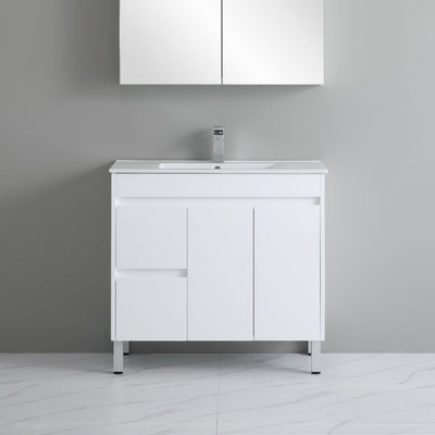 POSEIDON POLAR GLOSS WHITE 900MM SINGLE BOWL FLOOR STANDING VANITY (AVAILABLE IN LEFT AND RIGHT HAND DRAWER)