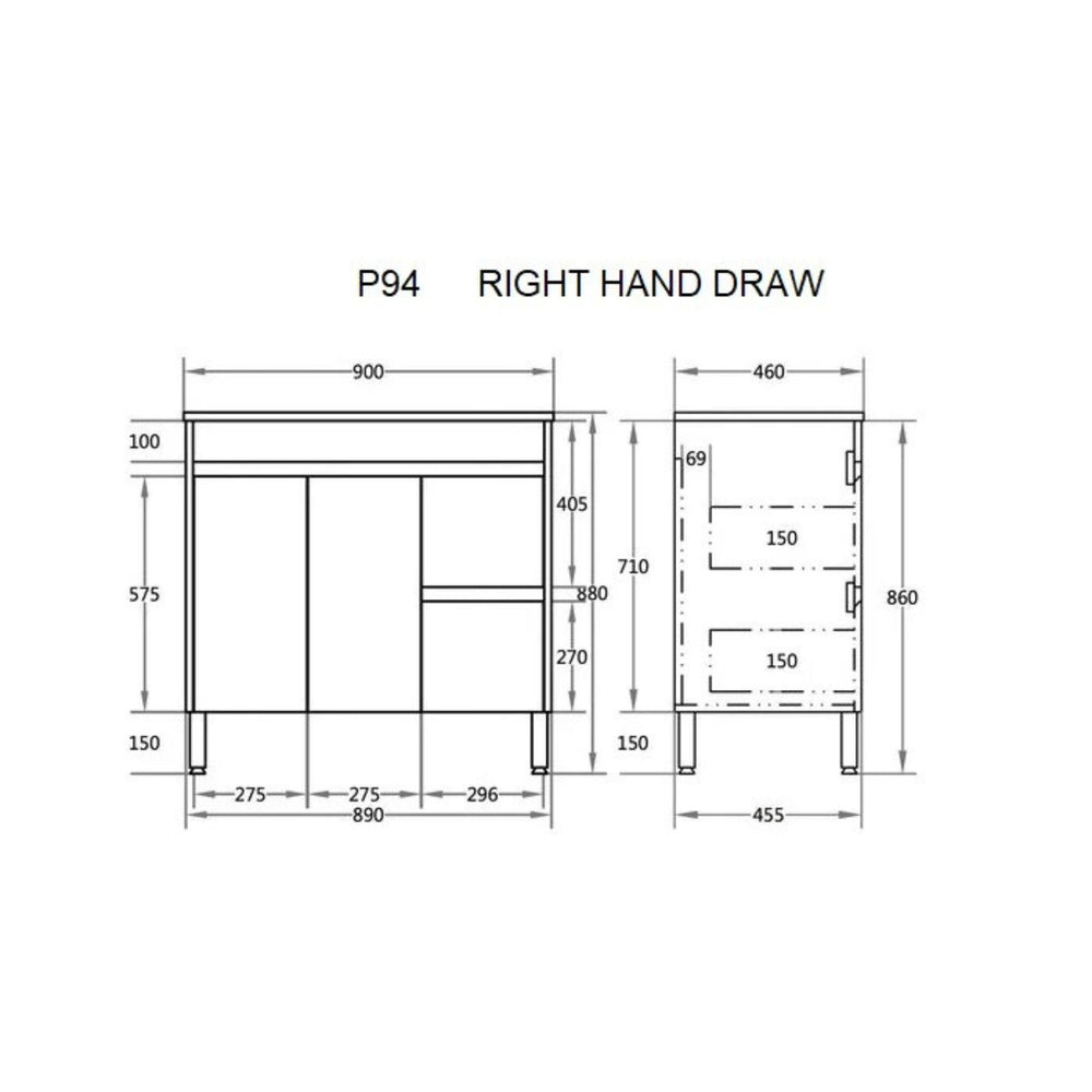 POSEIDON POLAR GLOSS WHITE 900MM SINGLE BOWL FLOOR STANDING VANITY (AVAILABLE IN LEFT AND RIGHT HAND DRAWER)