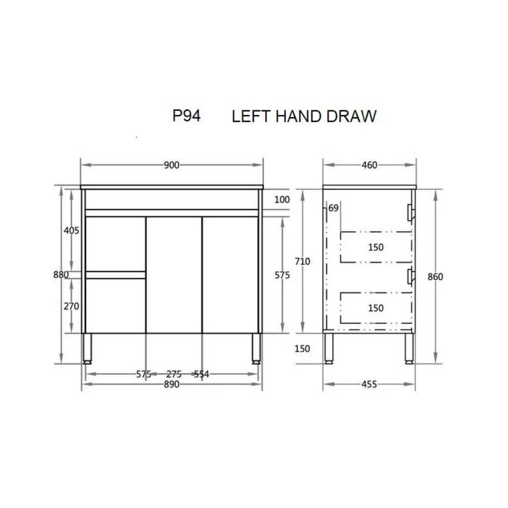 POSEIDON POLAR GLOSS WHITE 900MM SINGLE BOWL FLOOR STANDING VANITY (AVAILABLE IN LEFT AND RIGHT HAND DRAWER)