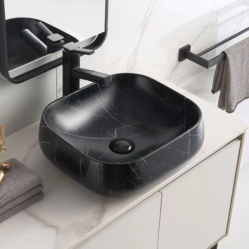 POSEIDON CARRARA MARBLE ABOVE COUNTER BASIN MATTE BLACK 450MM