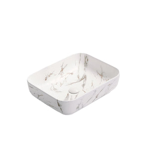 POSEIDON FINE CERAMIC ABOVE COUNTER BASIN MATTE WHITE CARRARA WITH GOLD VEIN 500MM